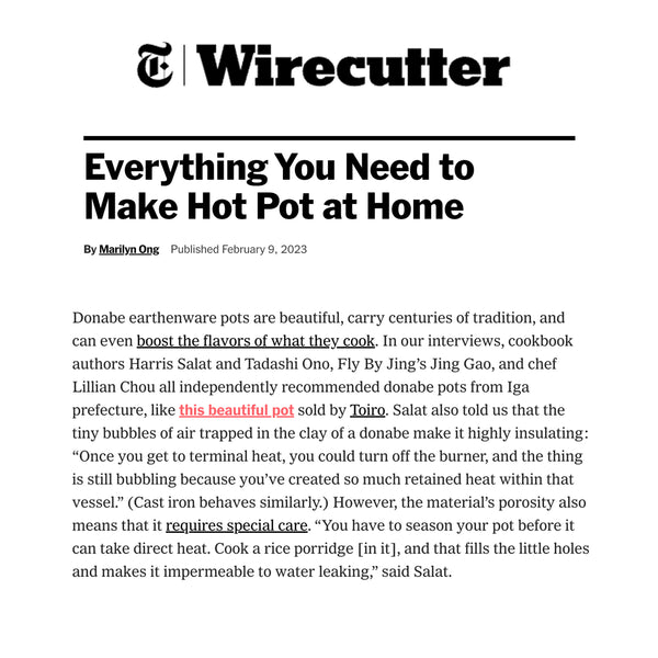 TOIRO and Our Donabe are Featured in the New York Times Wirecutter