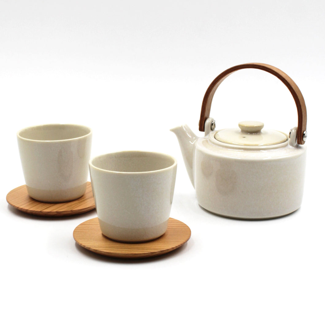 SYO Wooden Handle Dobin Teapot Set (Silk White)